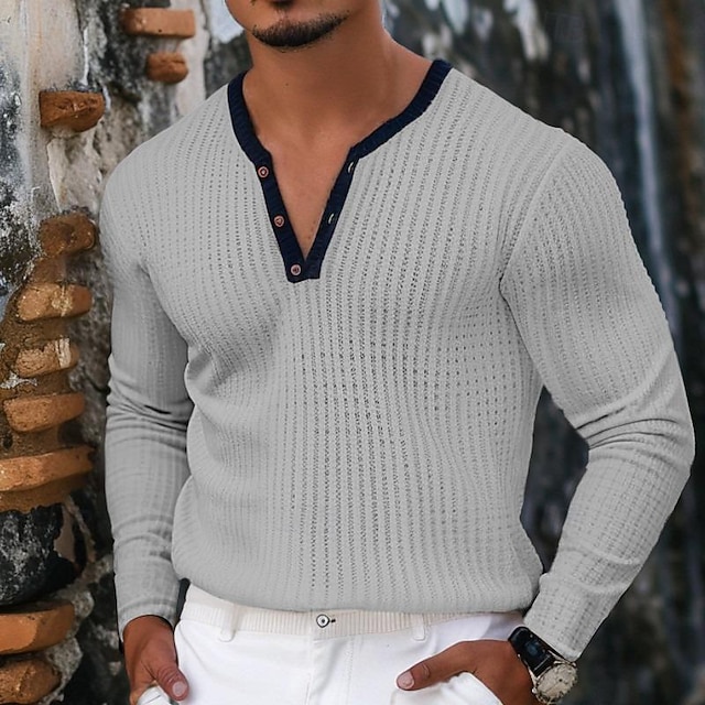  Bărbați Cămașă Henley Waffle Tee Top Tricou cu maneca lunga Culoare solidă Henley În aer liber Casual Manșon Lung Buton Îmbrăcăminte Modă Designer Comfortabil