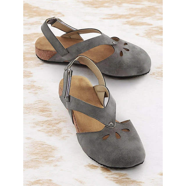 Women's Vintage-Style Gray Suede Sandals with Cut-Out Design and Cork Sole - Comfortable and Stylish for Summer Wear 8