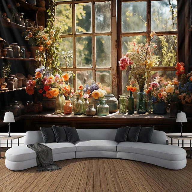 Flowers on Window Wall Hanging Tapestry Wall Art Large Tapestry Mural Decor Photograph Backdrop Blanket Curtain Home Bedroom Living Room Decoration 22