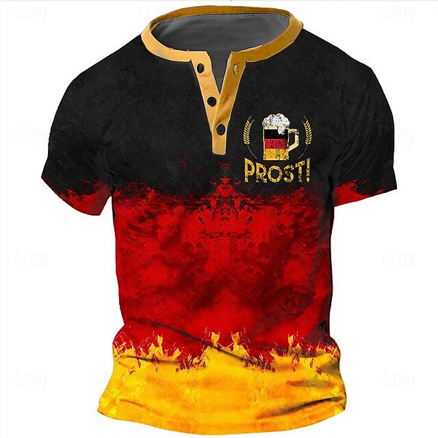 Men's Halloween Oktoberfest Beer German Flag T Shirt Henley Shirt Short Sleeve 3D Print Designer Retro Vintage Street Casual Daily Summer Spring Black Henley Henley T-Shirt4