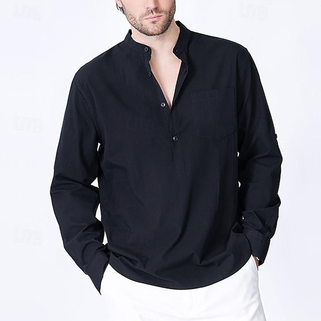 Per uomo Camicia camicia di lino Camicia con colletto cinese Camicia con colletto alla coreana Camicia popover Maglietta informale Tinta unica Da mare Hawaiano Nero Bianco Verde Cachi Manica lunga