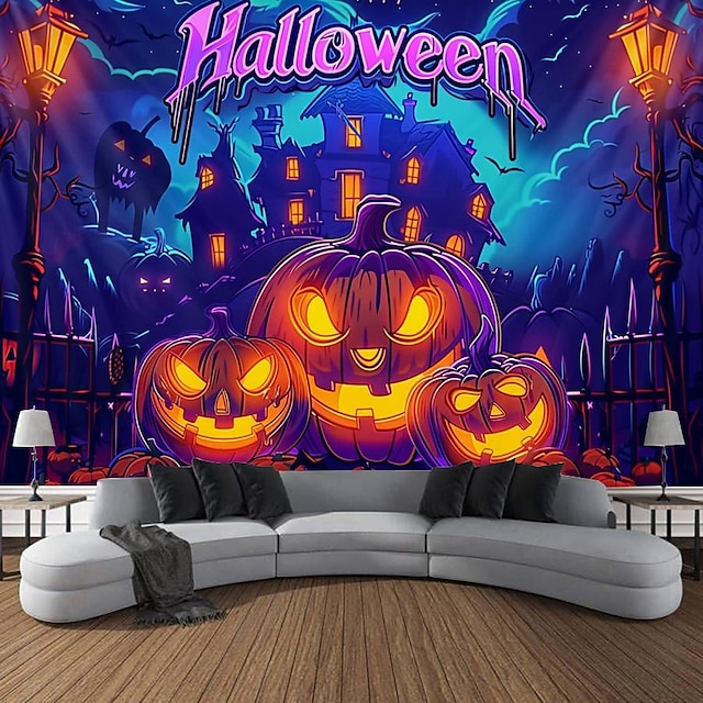 halloween dekorationer pumpa blacklight gobeläng uv reaktivt sken i mörkret skog trippy berg dimmig kyrkogård spöke hängande gobeläng väggkonst väggmålning för vardagsrum sovrum