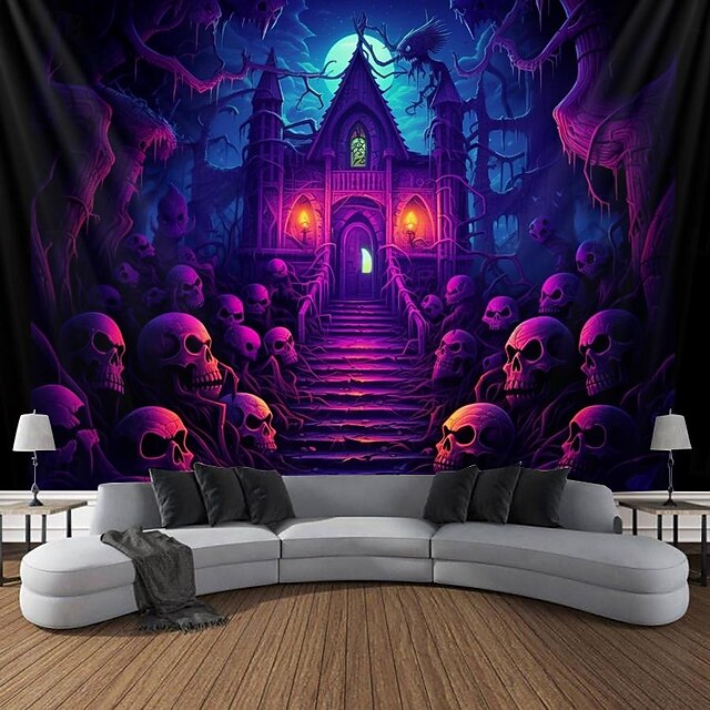  Halloween Decorations Haunted Castle Blacklight Tapestry UV Reactive Glow in the Dark Misty Hanging Tapestry Wall Art Mural for Living Room Bedroom