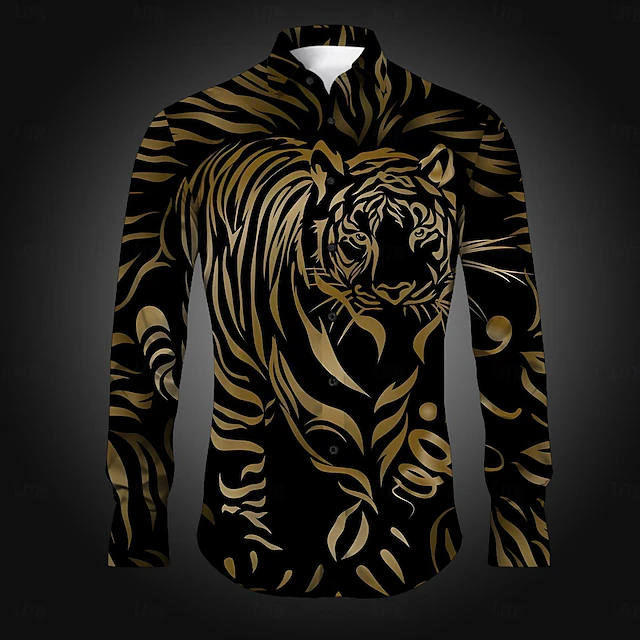 Men's Tiger Button Up Shirt Printed Shirts Long Sleeve Casual Party Daily Holiday Fall Winter Spring & Summer Turndown Buttons Print Blue Purple Gold Gray 7