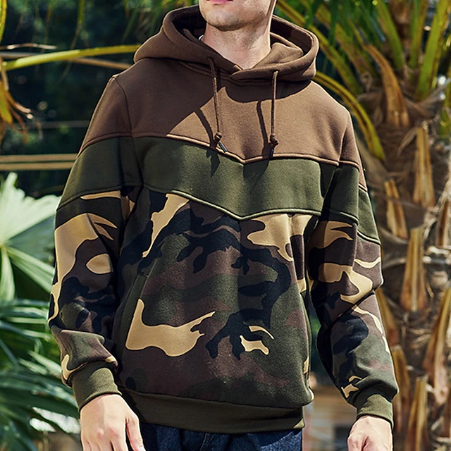 Men's Hoodie Army Green Coffee Hooded Color Block Camouflage Patchwork Pocket Sports & Outdoor Daily Holiday Streetwear Basic Casual Spring & Fall Clothing Apparel Hoodies Sweatshirts 15