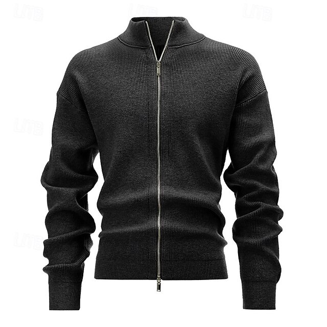 Men's Cropped Sweater Cardigan Sweater Zip Sweater Knit Sweater Ribbed Knit Regular Solid Color Stand Collar Fashion Classic Daily Wear Date Clothing Apparel Fall & Winter Black Brown S M L 12
