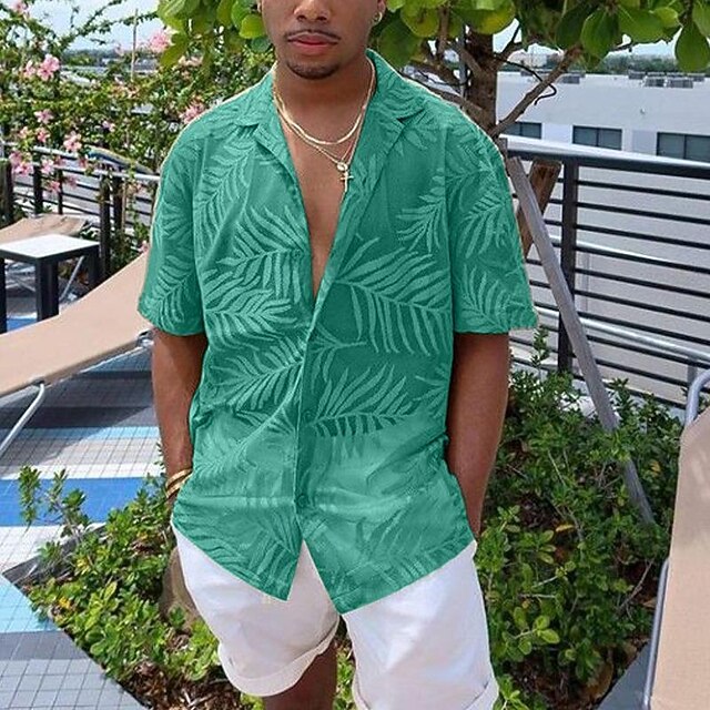 Men's Shirt Summer Shirt Casual Shirt Beach Shirt Cuban Collar Shirt Button Up Shirt Green Short Sleeve Leaf Collar Vacation Holiday Hole Clothing Apparel Polyester Fashion Casual Comfortable3