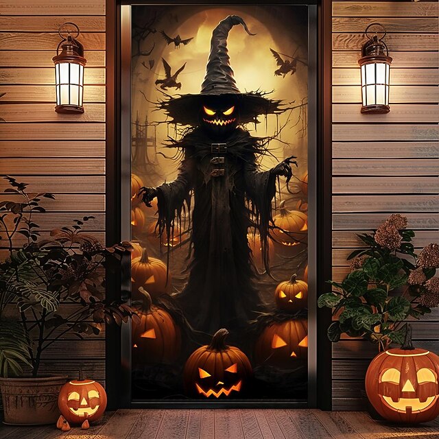 Halloween Door Decorations Halloween Door Covers Jack O Lantern Pumpkin Door Tapestry Door Curtain Decoration Backdrop Door Banner for Front Door Farmhouse Holiday Party Decor Supplies Scarecrow 14