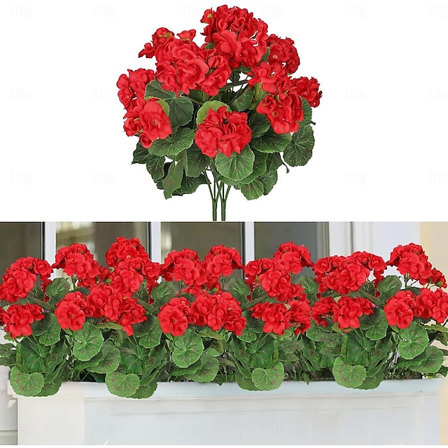  keinotekoinen punainen geranium silkkikukkia ulkokasvin pensas 2 nippua tekokukkia pelargonioita ulkokäyttöön kukka kodin sisustukseen sisäpuutarha patio maljakko hauta hautausmaa pöydän keskiosat