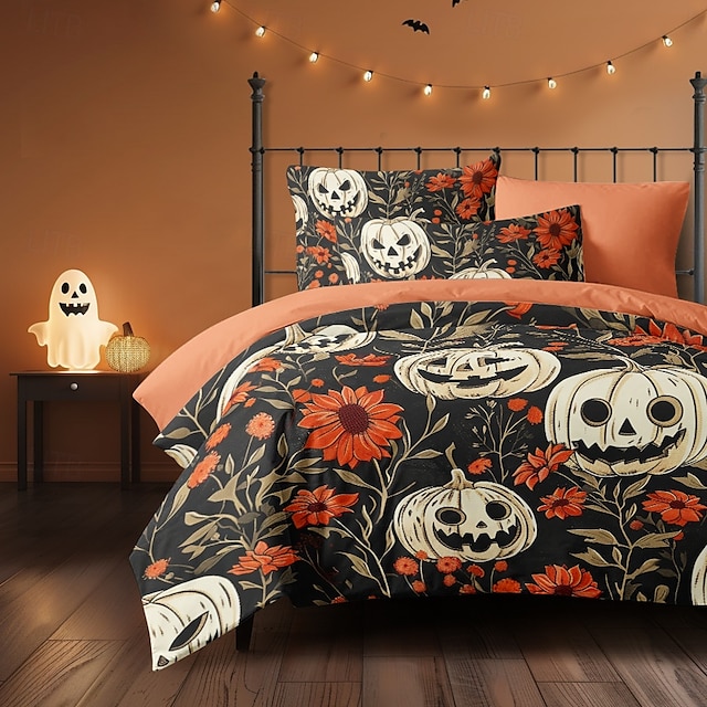  zestaw poszewek na kołdrę na Halloween – wzory kwiatowe i dyniowe zapewniające przytulną, wakacyjną atmosferę – zawiera poszwę na kołdrę i poszewki na poduszki – miękki i wygodny materiał