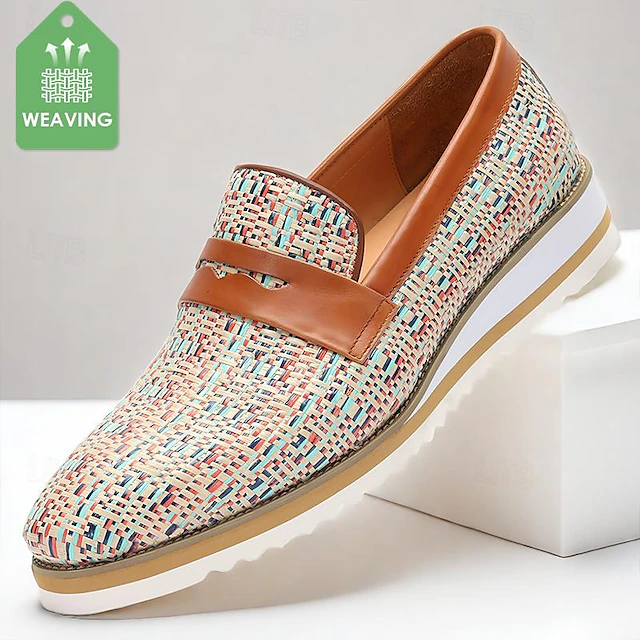 Men's Multicolor Woven Leather Loafers - Breathable Slip-On Penny Shoes for Casual and Formal Wear 9
