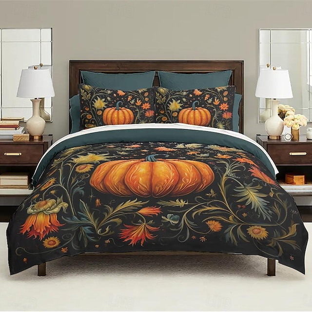  Conjunto de capa de edredom de abóbora de outono de Halloween – inclui capa de edredom e fronhas – design festivo e aconchegante – tecido macio e confortável – perfeito para decoração de casa de Halloween e outono