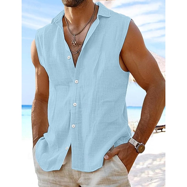  Men's Shirt Linen Shirt Summer Shirt Beach Wear Button Up Shirt Plain Vacation Curise White Pink Light Blue Sleeveless Collar Summer Spring Clothing Apparel