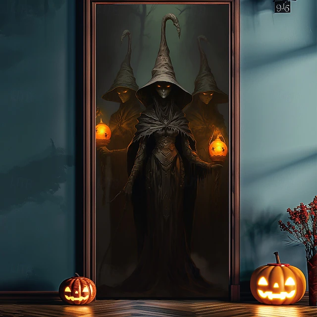 Halloween Door Decorations Halloween Door Covers Ghost Witch Door Tapestry Door Curtain Decoration Backdrop Door Banner for Front Door Farmhouse Holiday Party Decor Supplies 9
