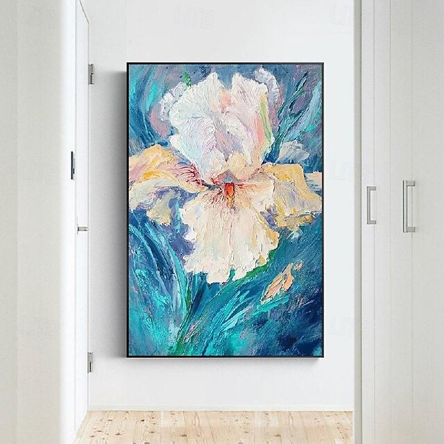  花の油絵 手作り パレットナイフ キャンバスに描かれた白い絵画 アート 壁アート 家の装飾用の写真 手描き 四角形 抽象画