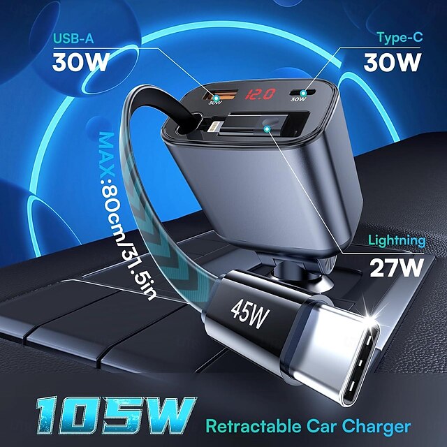  intrekbare autoladeradapter met type-c snoer bliksem 2 usb-poorten autoadapter met spanningsweergave pd 45w