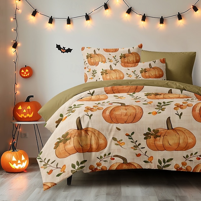  halloween kurpitsa pussilakanasetti - juhlava ja leikkisä kurpitsamuotoilu - sisältää pussilakanat ja tyynyliinat - pehmeä ja mukava kangas - täydellinen lisäämään sesongin mukavuutta makuuhuoneesi sisustukseen