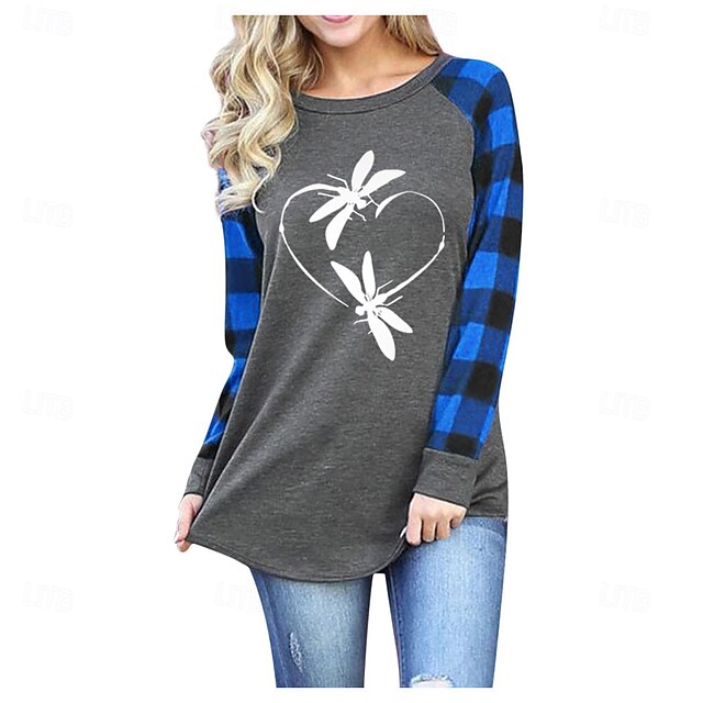Women's Valentine Heart T Shirt Fashion Plaid Regular Tops Long Sleeve Round Neck Print Regular Fit Valentine's Day Weekend Red Blue Spring &  Fall4