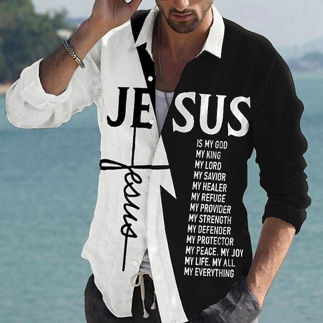  Miesten Kirjain Risti Jeesus Paita Button Up paita Pitkähihainen Muoti Katutyyli Suunnittelija ulko- Kausaliteetti Päivittäin Kesä Kevät Syksy Sänkyjen avaus Painettu Sini-viher Valkoinen Punastuvan