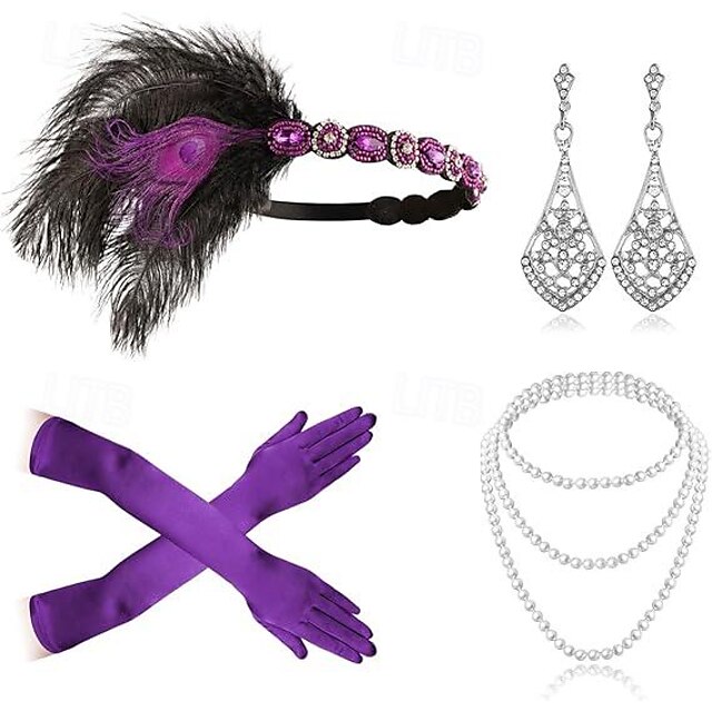  Szüret 1920-as évek A nagy Gatsby Flapper fejpánt Kiegészítő készlet Charleston Esküvői Vendég Toll Divat Női Álarcos mulatság Esküvői fogadás Lánybúcsú Fesztivál Felnőttek Kesztyűk Fülbevalók