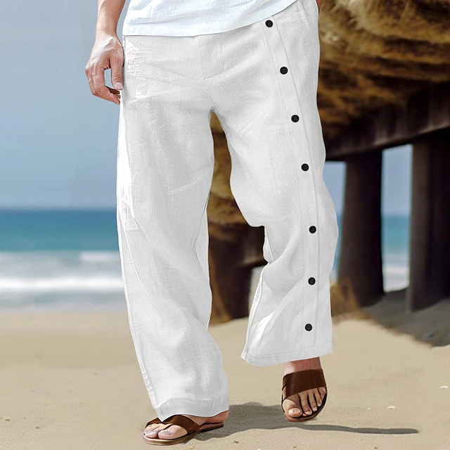 Men's Linen Pants Trousers Summer Pants Straight Leg Split Plain Comfort Breathable Full Length Casual Daily Holiday Fashion Basic Black White Micro-elastic 6