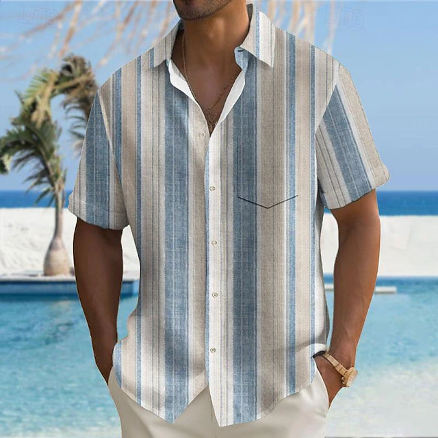 Men's Striped Geometric Pattern Button Up Shirt Printed Shirts Short Sleeve Hawaiian Resort Outdoor Business / Ceremony / Wedding Summer Turndown Print Button-Down White Pink Blue 6