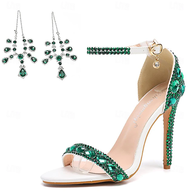 Women's Green Rhinestone Stiletto Heels with Matching Ankle Bracelet – Sparkly Ankle Strap High Heels for Weddings, Prom, and Glamorous Evening Parties 16