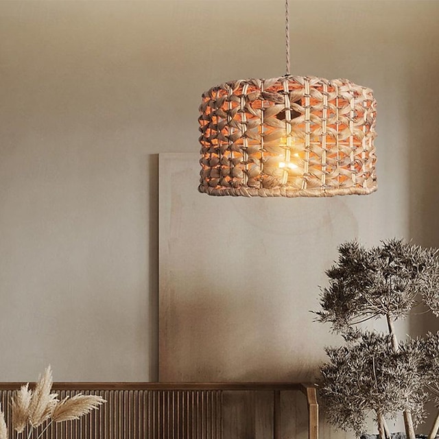  Hanging Swag Ceiling Lamp Twine Natural Rattan Lampshade Portable Pendant Light Dimmable Modern Farmhouse khaki Cord Chandelier Instant on Swag Lamp