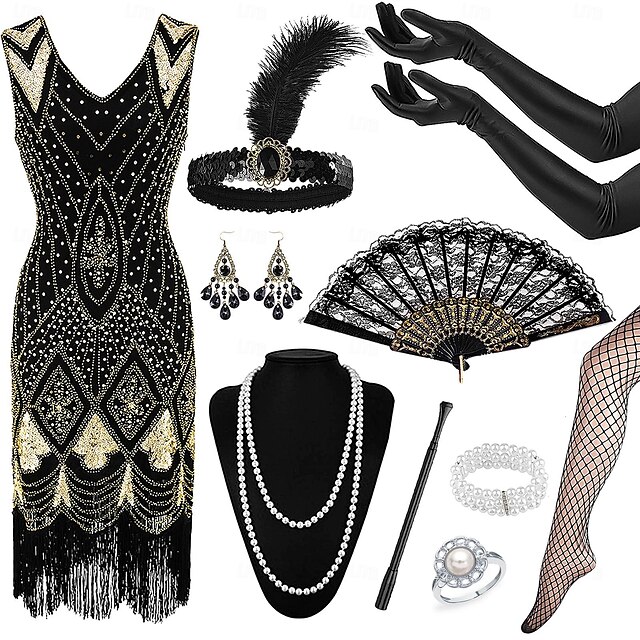  Retró Ordító 20-as évek 1920-as évek Flapper ruha Felszerelések Kiegészítő készlet A nagy Gatsby Flapper lány Esküvői Vendég Flitter Rojt Női Menyegző Ruha Klub Felnőttek Ruha Kesztyűk Zoknik Minden