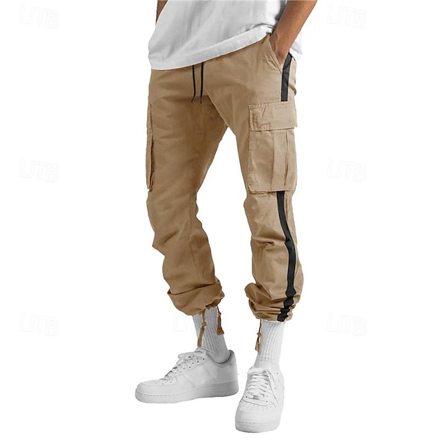  Men's Cargo Pants Cargo Trousers Drawstring Elastic Waist Multi Pocket Stripe Wearable Outdoor Daily Camping & Hiking Fashion Classic Black White