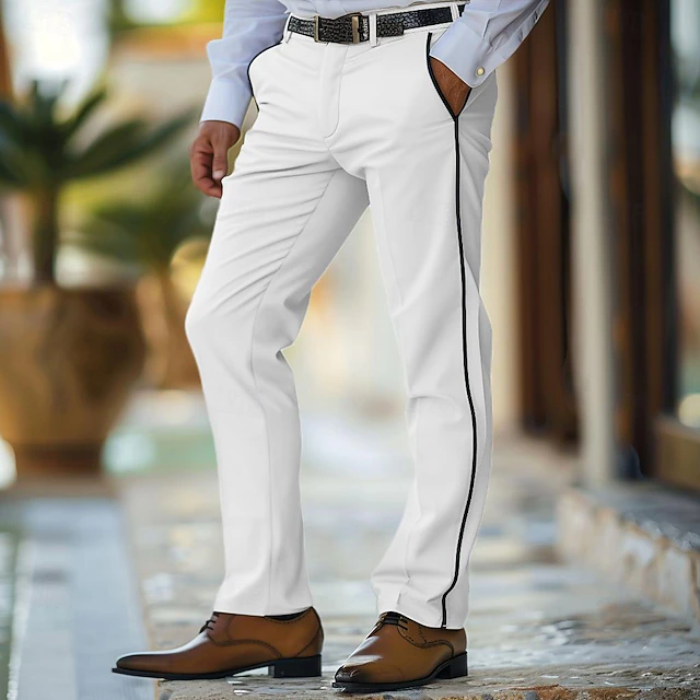 Men's Trousers Chinos Casual Pants Patchwork Front Pocket Solid Color Comfort Full Length Business Daily Holiday Fashion Chic & Modern White Khaki Stretchy 8
