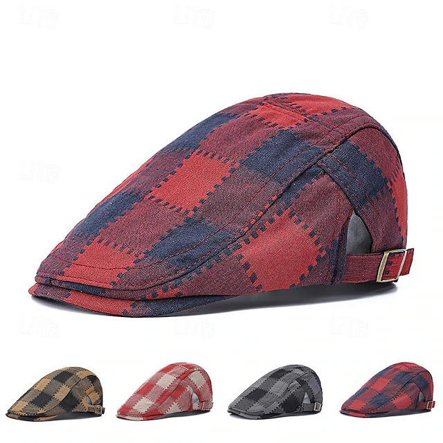 Men's Flat Cap Ascot Hat Newsboy Hat Wine Red Polyester Fashion Casual Street Daily Plaid Adjustable Sunscreen Breathable 10