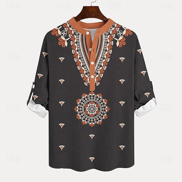  Per uomo Etnico Camicia Camicia con bottoni Camicia Henley Manica lunga Vintage Informale Tribale Da mare Giornaliero Spiaggia Estate Inverno Primavera & Autunno Colletto alla coreana Abbottonare