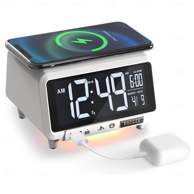  デジタル目覚まし時計、スマートフォン用ワイヤレス充電、Bluetoothスピーカーアラーム、USB充電ポート、寝室用調光常夜灯付き
