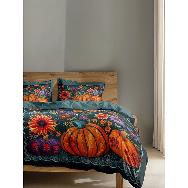  Conjunto de capa de edredom de abóbora com arte de outono – inclui capa de edredom e fronhas – design festivo e aconchegante – tecido macio e confortável – perfeito para decoração de outono e Halloween
