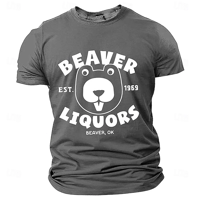 Men's Funny Beaver Liquors Graphic Tee - Humorous Pun Design with Est. 1969 Beaver OK Logo Short Sleeve 6