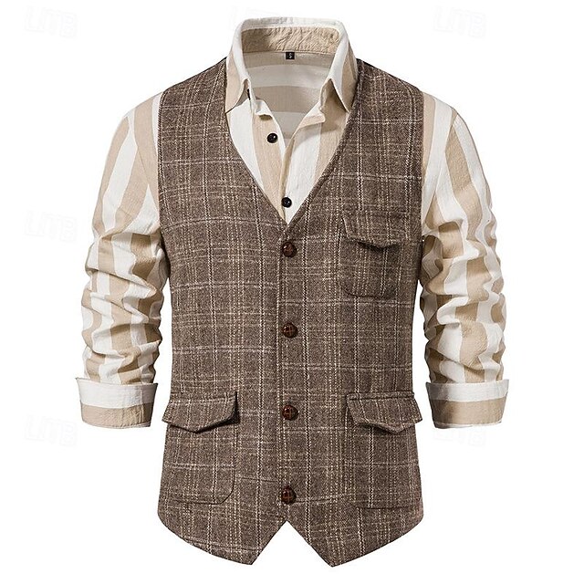 Men's Vest Gilet Wedding Event / Party Daily Fashion Business Spring & Summer Button Pocket Polyester Comfortable Plaid Double Breasted Lapel Regular Fit Light Grey Dark Gray Coffee Vest4