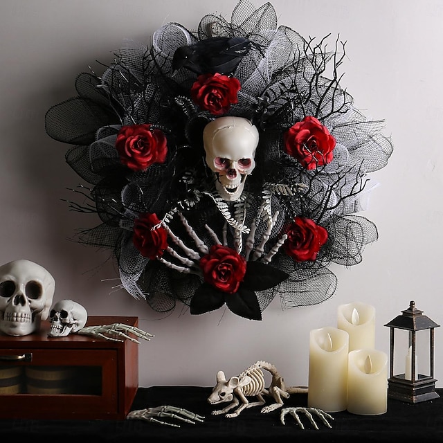  15 tommers halloween krans, rød rose hodeskalle mesh krans for innendørs vegg og inngangsdør, vegg  & dørhengende dekorasjon, hjemmefestdekor