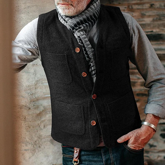 Men's Vest Gilet Daily Date Vacation Fashion Business Spring & Fall Button Pocket Polyester Comfortable Plaid Single Breasted One-button V Neck Regular Fit Black Gray Vest 18