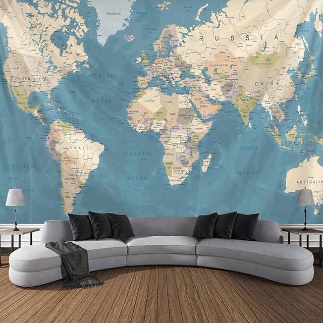 World Map Wall Tapestry Art Decor Blanket Curtain Picnic Tablecloth Hanging Home Bedroom Living Room Dorm Decoration Vintage Topography Parchment Style 18