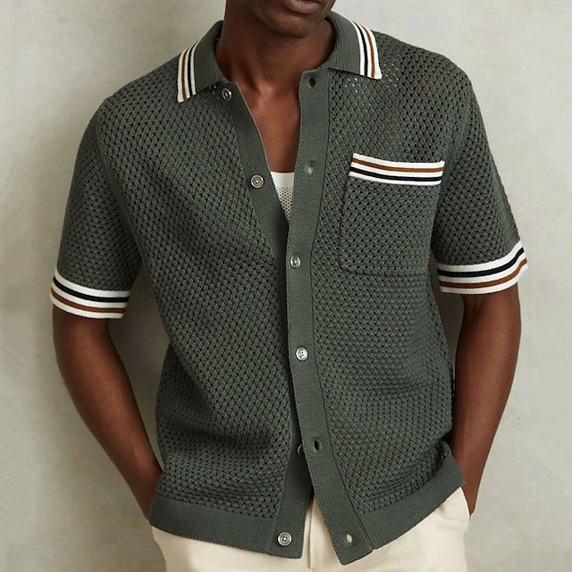  Miesten Neulo poolo Cardigan Kausaliteetti Pyhäpäivä Ribbineulospikeekaulus Classic Lyhythihainen Muoti Vanhan rahan tyyli Raidoitettu Napin edessä Kesä Kevät Syksy Apila Neulo poolo