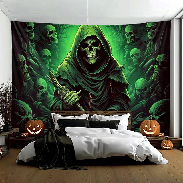 Halloween Decorations Green Skulls Hanging Tapestry Wall Art Large Tapestry Mural Decor Photograph Backdrop Blanket Curtain Home Bedroom Living Room 31