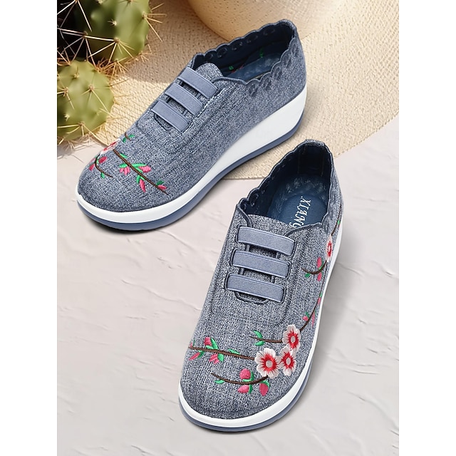  adidași de damă din denim brodată – pantofi confortabili, cu design floral, pentru purtare lejeră și de zi cu zi
