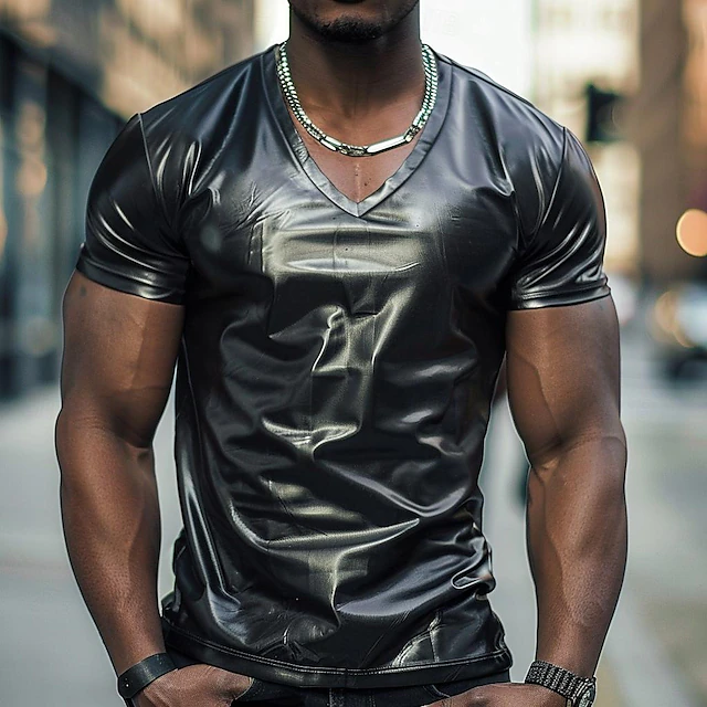 Men's T Shirt Tee Short Sleeve V Neck Summer Plain Exaggerated Designer Wedding Party Cocktail Attire Silver Black Gold Top Tee for Men 10