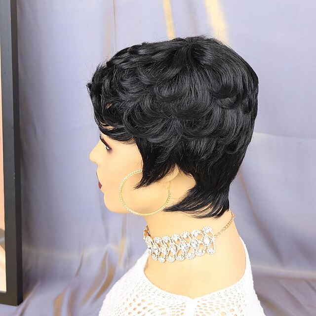 Human Hair Wig Short Curly Pixie Cut Natural Black Adjustable Natural ...