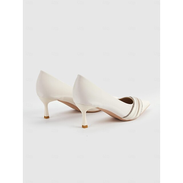 Women's Elegant White Kitten Heel Pumps with Rhinestone Trim for