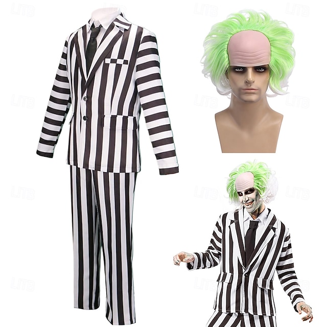  beetlejuice-asupuvut & bleiserit raidat miesten halloween-karnevaalijuhliin aikuisten pukuperuukit