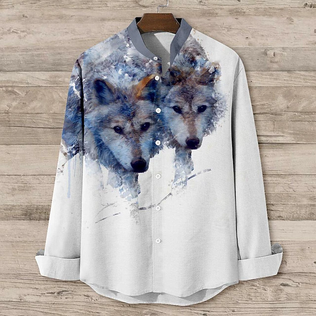 Men's Wolf Shirt Button Up Shirt Long Sleeve Vintage Casual Vacation Daily Summer Spring & Fall Standing Collar Button Up 3D Print Blue Gray 5