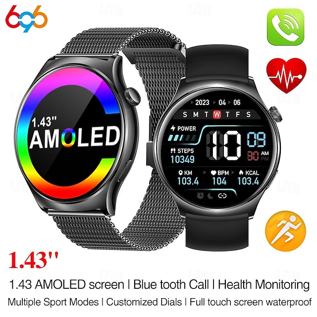  696 i101 Smartwatch 1.43 Zoll Smart-Armband Bluetooth Anruferinnerung Schlaf-Tracker Herzschlagmonitor Kompatibel mit Android iOS Damen Freisprechanlage Nachrichterinnerung IP 67 45mm Uhrengehäuse