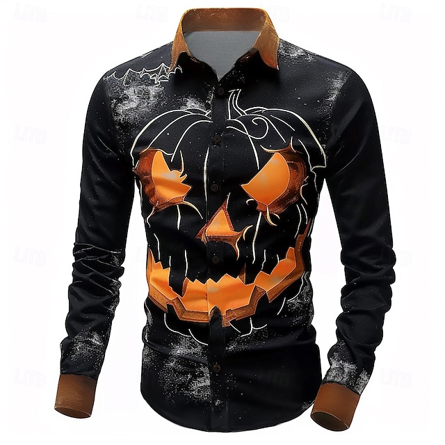  Halloween Zucca Smorfia Informale Per uomo Camicia con bottoni Manica lunga Da sera Autunno Inverno Primavera estate Collo ripiegabile Colletto Abbottonare Stampa 3D Sottile Arancione Poliestere